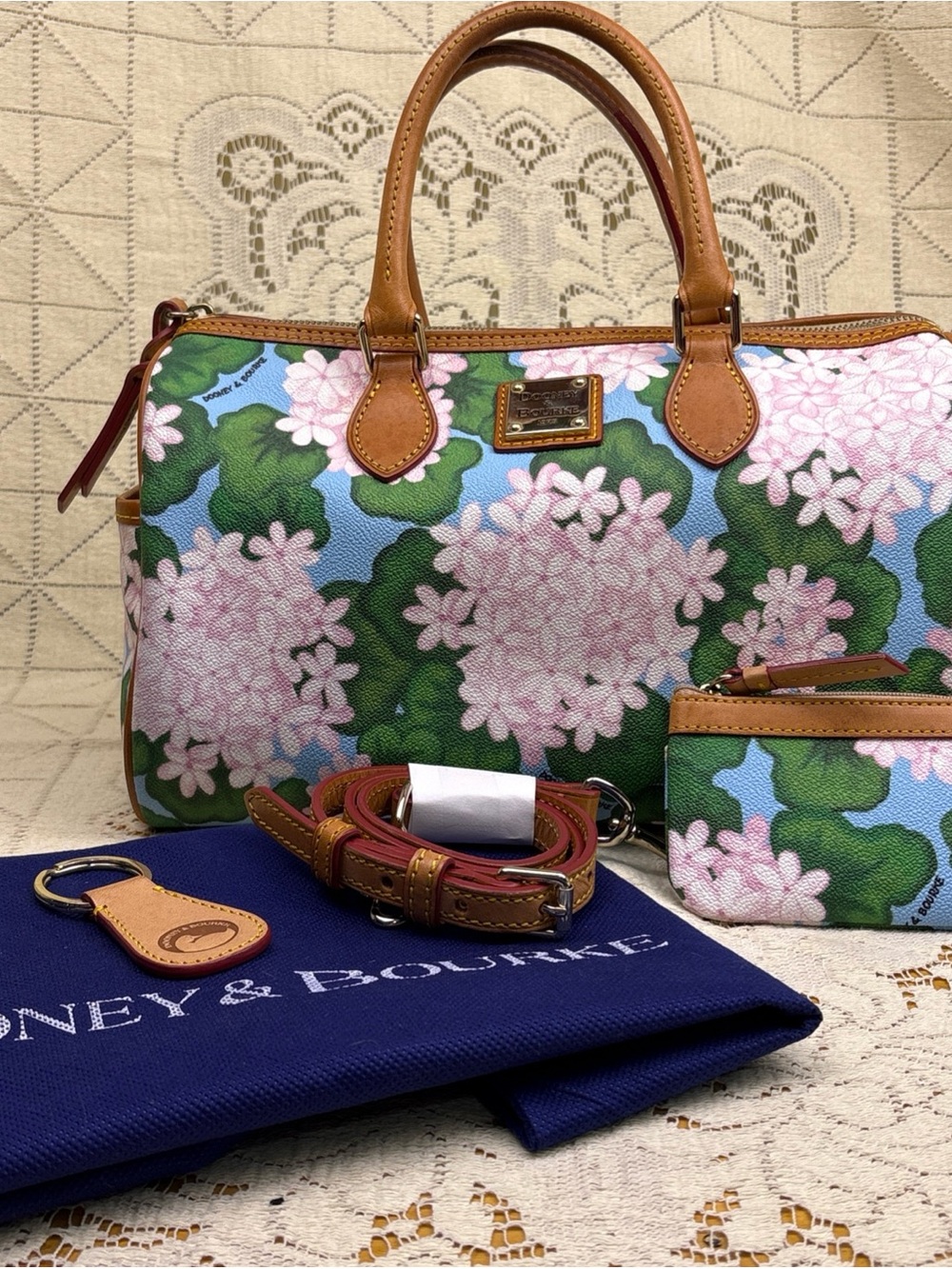 Dooney & Bourke Pink Hydrangea Floral Satchel & Pouch & Keychain